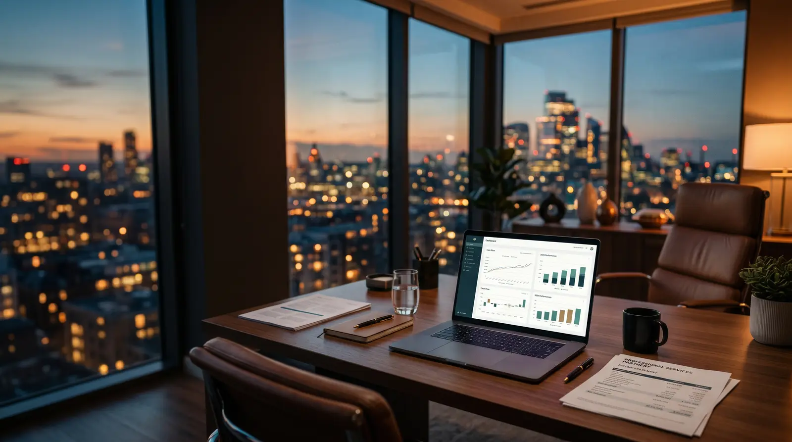 A live cash-flow and performance dashboard on a laptop in a high-rise office at dusk
